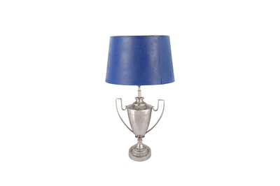 Lot 512 - A LARGE CHROMED TABLE LAMP IN THE FORM OF A TROPHY, CONTEMPORARY