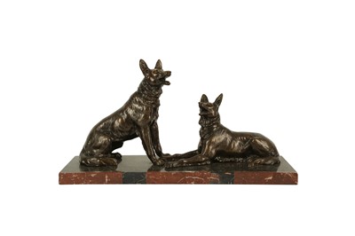 Lot 197 - A BRONZE SCULPTURE OF A PAIR OF BELGIAN SHEPHERDS, 20TH CENTURY