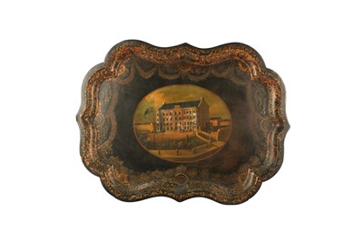 Lot 295 - A VICTORIAN PAINTED AND MOTHER OF PEARL INLAID PAPIER MACHE TRAY