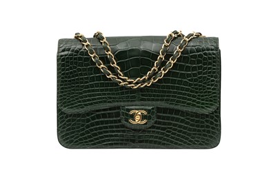 Lot 188 - λ Chanel Green Shiny Alligator Jumbo Double Flap Bag