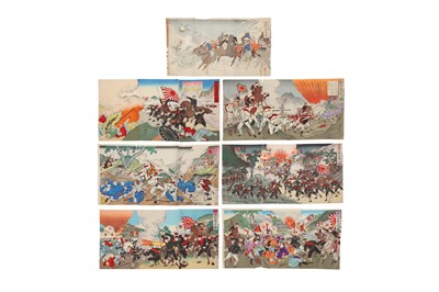 Lot 461 - SEVEN JAPANESE WAR PROPAGANDA WOODBLOCK PRINT TRIPTICHS BY NOBUKAZU FUJIWARA (1846 – 1930).