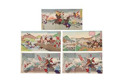 Lot 462 - FIVE JAPANESE WAR PROPAGANDA WOODBLOCK PRINT TRIPTYCHS.