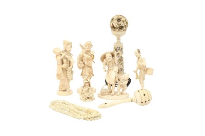 Lot 416 - λ FOUR JAPANESE IVORY OKIMONO AND A NETSUKE.
