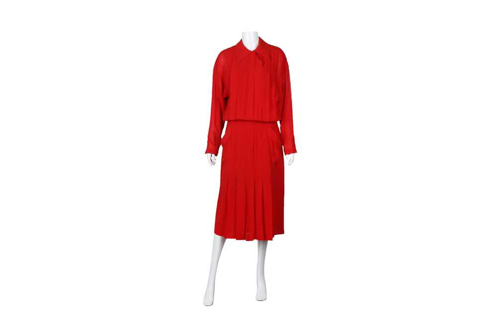 Lot 11 - Chanel Red Silk Pleat Front Long Sleeve Dress