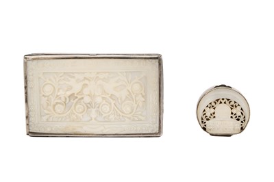 Lot 307 - λ TWO CARVED MOTHER-OF-PEARL SNUFFBOXES WITH SILVER MOUNTS