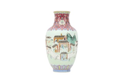Lot 754 - A CHINESE FAMILLE ROSE RUBY-GROUND 'PORCELAIN KILNS' LANTERN VASE.