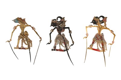 Lot 256 - λ THREE INDONESIAN WAYANG KULIT FIGURAL SHADOW PUPPETS