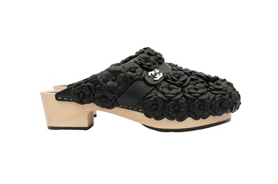 Lot 636 - Chanel Black Camellia Turnlock Wooden Clog - Size 39