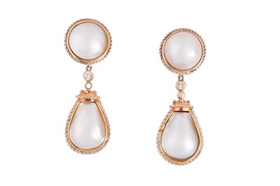 Lot 169 - A pair of cultured pearl and diamond pendent earclips