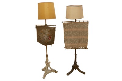Lot 192 - TWO VICTORIAN POLE SCREENS, CONVERTED TO STANDARD LAMPS