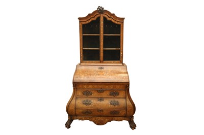 Lot 9 - A DUTCH MARQUETRY INLAID BUREAU BOOKCASE OF BOMBE FORM, LATE 18TH TO EARLY 19TH CENTURY