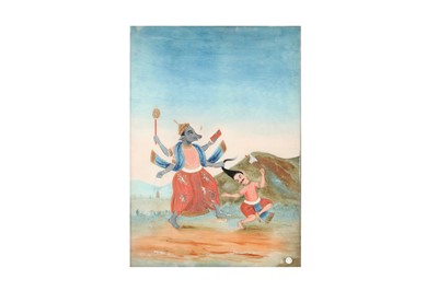 Lot 275 - A REVERSE GLASS PAINTING OF VISHNU'S AVATARA VARAHA DEFEATING HIRANYAKSHA