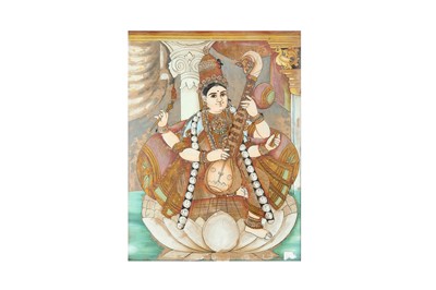 Lot 276 - A POLYCHROME-PAINTED REVERSE GLASS PORTRAIT OF THE HINDU GODDESS OF KNOWLEDGE, SARASWATI