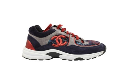 Lot 185 - Chanel Navy Tweed Logo Trainer - Size 38
