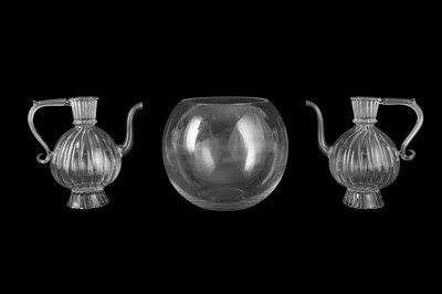Lot 374 - A PAIR OF MARIAGE FRERES GLASS EWERS, CONTEMPORARY
