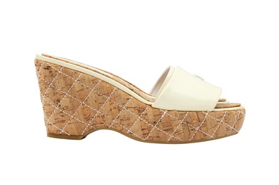 Lot 377 - Chanel Cream Logo Wedge Slides - Size 41