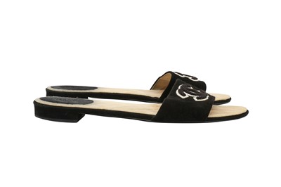 Lot 492 - Chanel Black Embroidered Logo Slides - Size 41.5