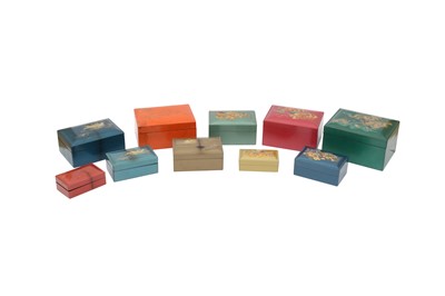 Lot 303 - TWO SETS OF CHINESE LACQUER NESTING BOXES.