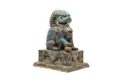 Lot 267 - A CHINESE CLOISONNÉ ENAMEL MALE BUDDHIST LION DOG AND STAND.