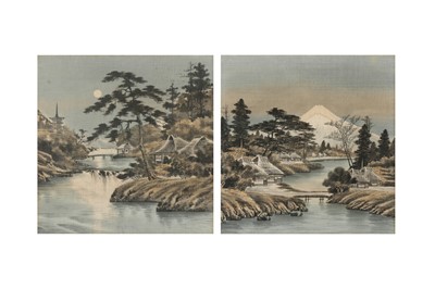 Lot 447 - A PAIR OF JAPANESE VELVET 'LANDSCAPE' PAINTINGS.