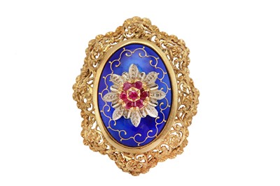 Lot 146 - An enamel and ruby brooch