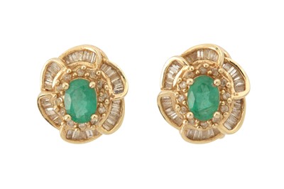 Lot 85 - A pair of emerald and diamond cluster earclips