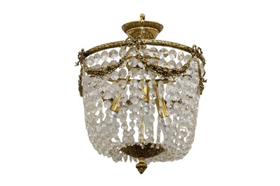 Lot 182 - A GILT BRASS AND LUSTRE DROP BAG FORM CHANDELIER