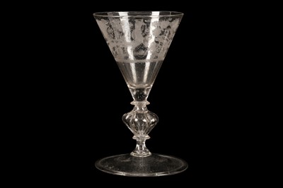 Lot 102 - A DUTCH FAÇON-DE-VENISE GLASS DIAMOND-POINT-ENGRAVED GOBLET, CIRCA 1680