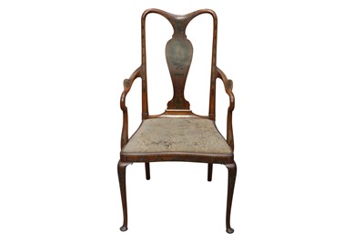 Lot 202 - A SHERATON REVIVAL MAHOGANY AND PAINTED OPEN ARMCHAIR, CIRCA 1900