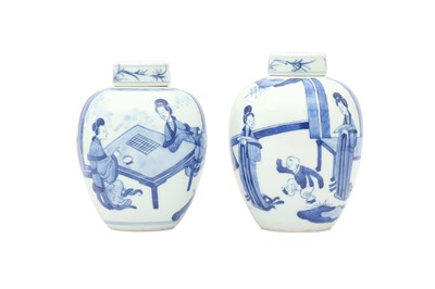 Lot 236 - TWO CHINESE BLUE AND WHITE 'LADIES' JARS AND COVERS.