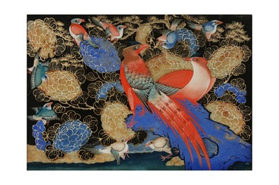 Lot 414 - A KOREAN REVERSE GLASS PAINTING OF BIRDS.