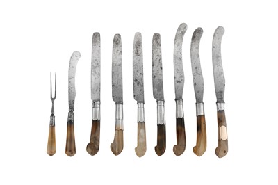 Lot 377 - A set of seven late 17th / early 18th century unmarked silver collared agate handled knives, probably England circa 1700