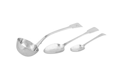 Lot 395 - A mixed group including a William IV sterling silver soup ladle, London 1834 by Jonathan Hayne