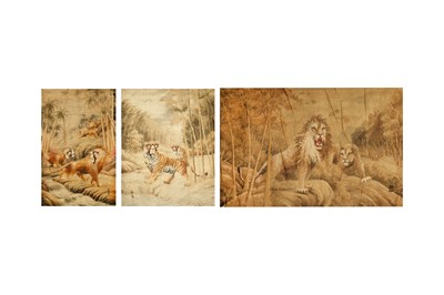 Lot 434 - THREE JAPANESE EMBROIDERED 'BEAST' PANELS.