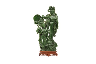 Lot 583 - A LARGE CHINESE SPINACH JADE CARVING OF TWO CELESTIAL LADIES.