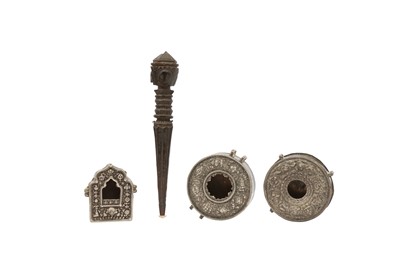 Lot 831 - THREE TIBETAN GAU AND A PHURBA.
