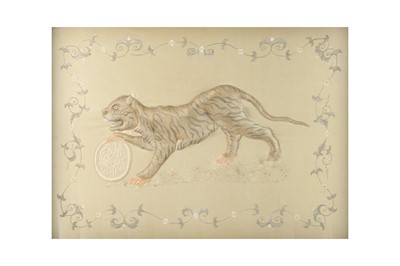 Lot 600 - A CHINESE EMBROIDERED 'TIGER' SILK PANEL.