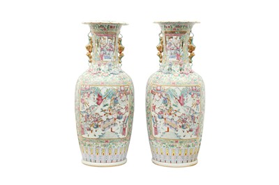 Lot 550 - A PAIR OF LARGE CHINESE CANTON FAMILLE ROSE VASES.