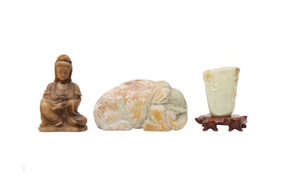Lot 520 - THREE CHINESE PALE CELADON JADE CARVINGS.