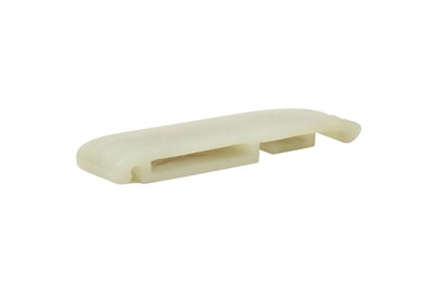 Lot 182 - A CHINESE PALE CELADON JADE SWORD SLIDE.