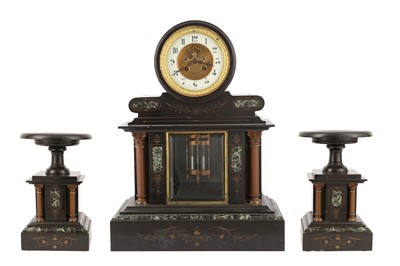 Lot 143 - A 19TH CENTURY FRENCH BLACK SLATE TWO TRAIN MANTEL CLOCK GARNITURE