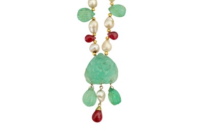 Lot 229 - A PEARL, RUBY AND EMERALD BEADS NECKLACE WITH A LARGE CARVED EMERALD MUGHAL PENDANT