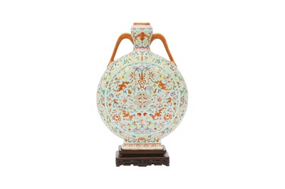 Lot 762 - A CHINESE FAMILLE ROSE TURQUOISE-GROUND MOON FLASK.