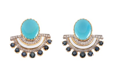 Lot 220 - A pair of turquoise, diamond, sapphire and enamel earrings