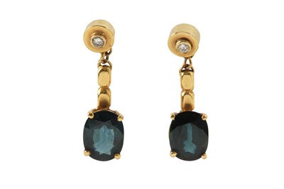 Lot 95 - A pair of  sapphire and diamond pendent earrings