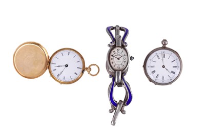 Lot 92 - TWO POCKET  WATCHES AND ONE ART DECO BRACELET WATCH.