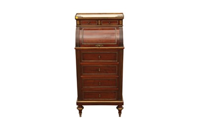 Lot 77 - A FRENCH DIRECTOIRE EMPIRE STYLE PLUM PUDDING MAHOGANY CYLINDER BUREAU, LATE 19TH CENTURY