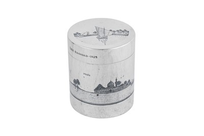 Lot 267 - An early 20th century Iraqi silver and niello cigarette box, Omara dated 1923 signed Baqqal and Abbas