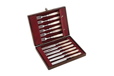 Lot 374 - A cased set of Victorian sterling silver and mother of pearl fruit eaters, Sheffield 1841 by Aron Hadfield