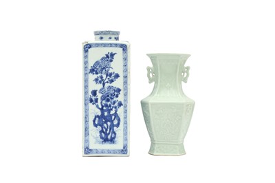 Lot 541 - A CHINESE BLUE AND WHITE BOTTLE AND A CELADON-GLAZED VASE.